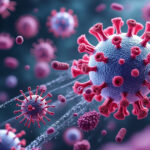 Microscopic virus illustration representing healthcare, life sciences, and disease research.