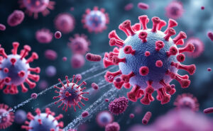 Microscopic virus illustration representing healthcare, life sciences, and disease research.