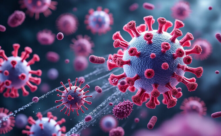 Microscopic virus illustration representing healthcare, life sciences, and disease research.